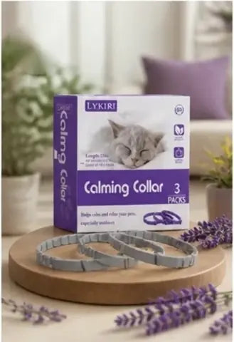 LYKIRI Calming Collar 3-pack box with the three adjustable collars laid out